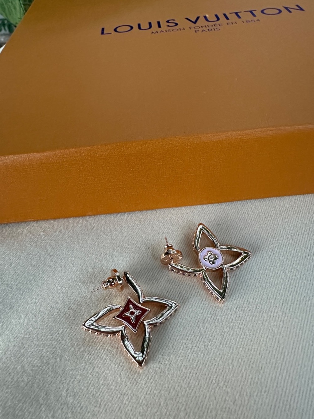 Gold Tone Floral Drop Earrings with Pink and Red Accents - Picture 2 of 5